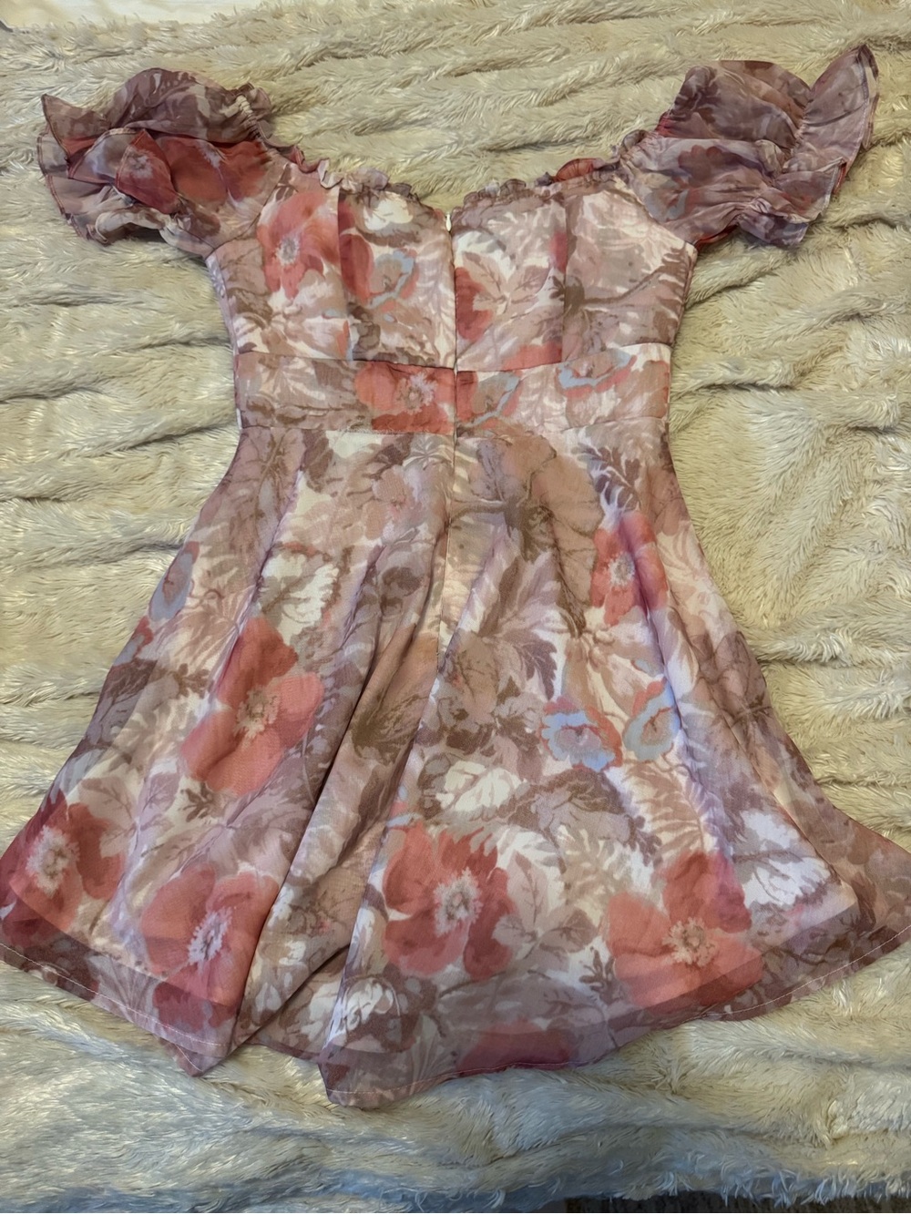 Angel Biba Pink Brown Floral Puff-Sleeve Cutout Mini Dress - Picture 8 of 11